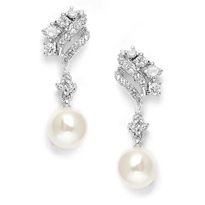 'Alexis' Cubic Zirconia Ivory Pearl Drop Bridal Earrings