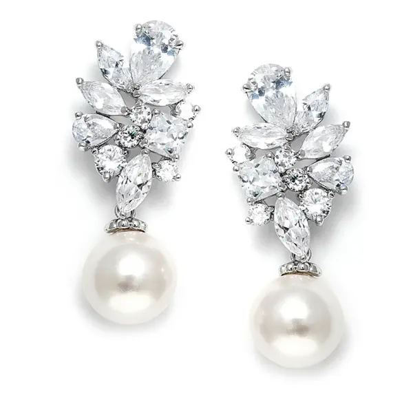 'Odette' Cubic Zirconia Pearl Bridal Earrings - White 