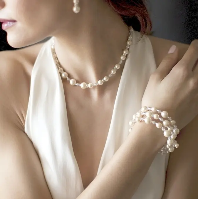 Elegant Back Necklace with Ivory Pearls & Crystals