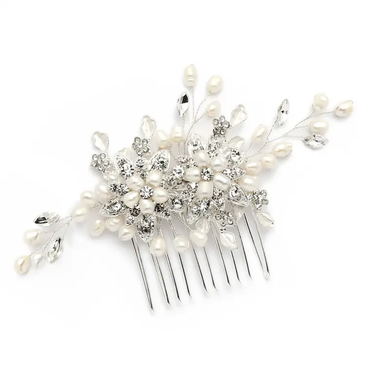 'In Bloom' Freshwater Pearl Wedding / Event Hair Comb with Pavé Crystal Leaves