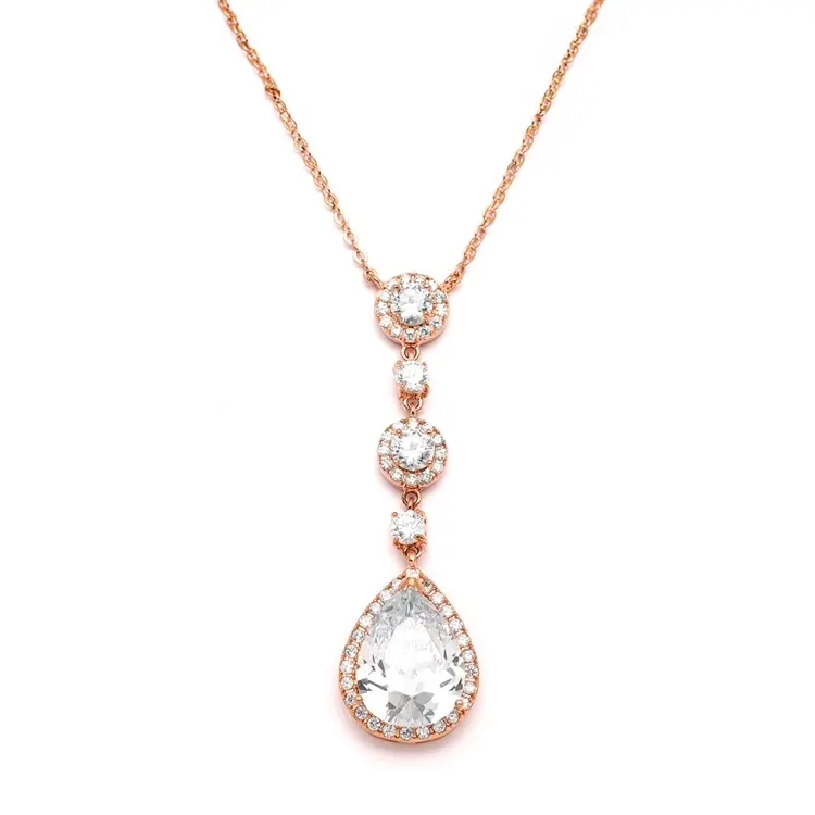 'Sara II' Rose Gold Bridal Necklace with Pear Shaped Cubic Zirconia Drop
