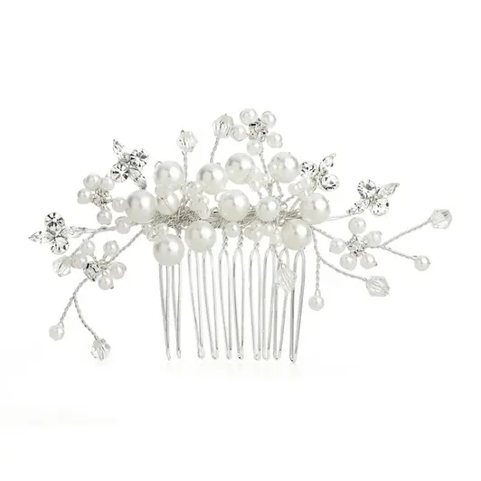 White Pearl Clusters Bridal / Debutante Hair Comb with Crystal Sprays