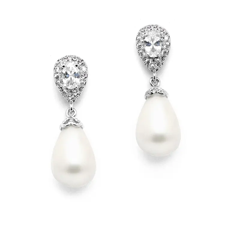 'Julia' CZ Pear Bridal Earrings with Bold Soft Cream Pearl Drops  