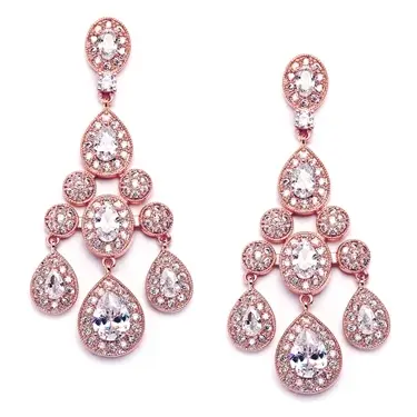 'Polly' Rose Gold Chandelier Earrings in Pave Encrusted CZ