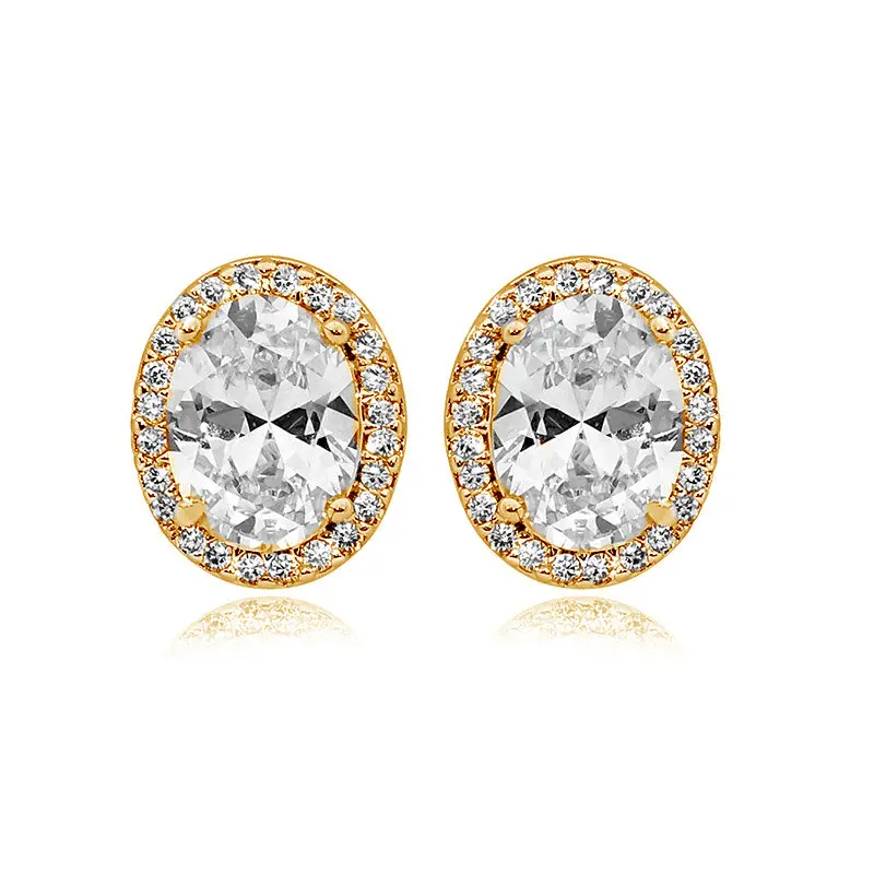 'Olivia' Classic Oval Shaped Crystal Halo Bridal Earrings In Gold