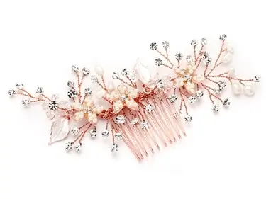 'NORAH' HAND PAINTED HAIR COMB WITH CRYSTAL & PEARL SPRAY - Rose Gold
