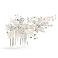 Brushed Silver Floral Wedding Hair Comb with Ivory Freshwater Pearls & Crystals
