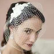 French Net Vintage Bridal  Veil with White Beaded & Floral Lace Applique