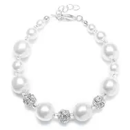 'Sophie' Pearl Bracelet with Sparkly Rhinestone Crystal Balls - White 