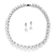 'Florence' Glamorous CZ and White Pearl Wedding Necklace and Earrings Set