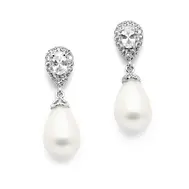 'Julia' CZ Pear Bridal Earrings with Bold Soft Cream Pearl Drops  