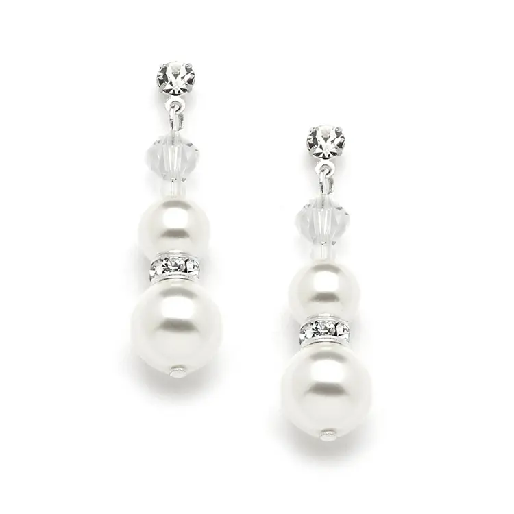 Candice Double White Pearl Dangle Earrings with Stud Top