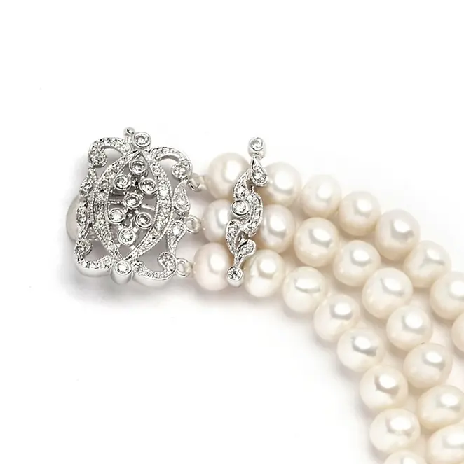 1. 3-Row Freshwater Pearl Bridal Bracelet with Vintage Cubic Zirconia Clasp
