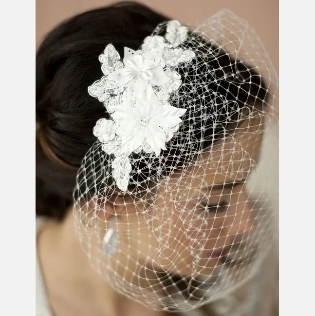 1. French Net Vintage Bridal  Veil with White Beaded & Floral Lace Applique
