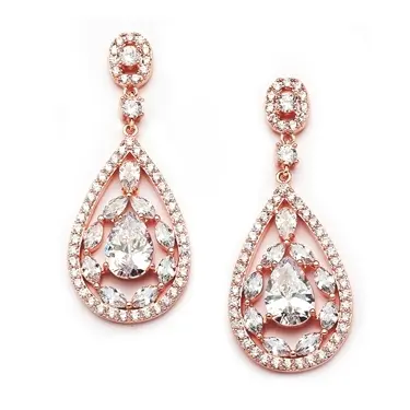 'Halo' Rose Gold Cubic Zirconia Mosaic Teardrop Bridal Earrings