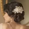 'Macy' Handmade Bridal Hair Comb with Ivory Beaded Floral Lace Appliqué thumbnail