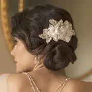 'Macy' Handmade Bridal Hair Comb with Ivory Beaded Floral Lace Appliqué