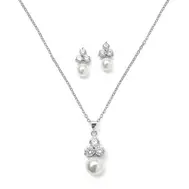 'Lottie' Pearl Necklace Set with Round Cubic Zirconia Trio