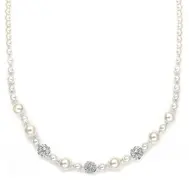 'Maisie' Dainty Wedding Necklace with Pearls & Rhinestone Crystal Balls - Ivory