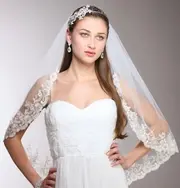 1-Layer Mantilla Bridal Veil with Crystals, Beads & Lace Edge - White or Ivory