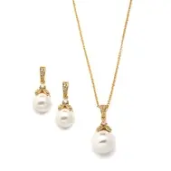 'Forever' Gold Pearl Drop Necklace and Earring Set with Vintage CZ