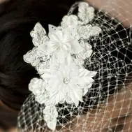 French Net Vintage Bridal  Veil with Ivory Beaded & Floral Lace Applique