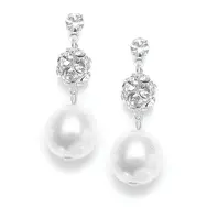 'Sophie' Pearl Wedding Earrings with Rhinestone Crystal Balls - White Pearls