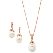 'Forever' Rose Gold Pearl Drop Necklace & Earring Set With Vintage CZ