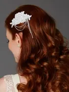 'Laura' White English Rose Lace Comb with Crystal Draped Tassels 