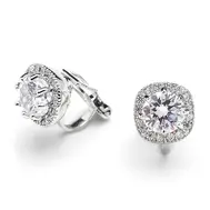 'Lauren' Cubic Zirconia Cushion Stud Clip on Earrings with Round Cut Solitaire 