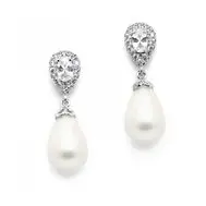 Julia' CZ Pear Bridal Clip On Earrings with Bold Soft Cream Pearl Drops  