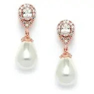 'Julia' CZ Rose Gold Pear Bridal Earrings with Bold Soft Cream Pearl Drops  