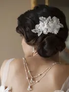 'MACY' HANDMADE BRIDAL HAIR COMB WITH WHITE BEADED FLORAL LACE APPLIQUÉ