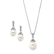 'Forever' Silver Pearl Drop Necklace and Earring Set with Vintage CZ